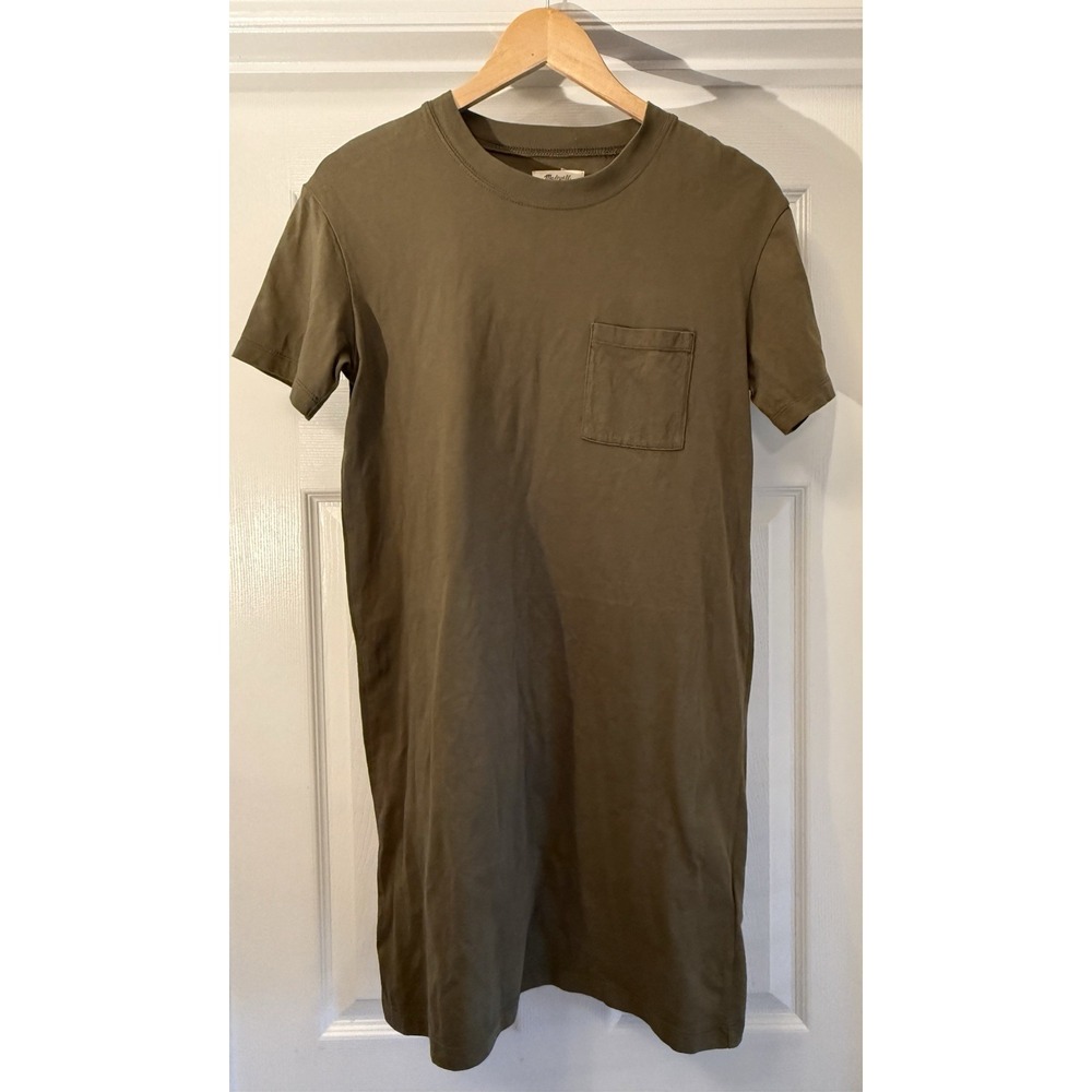 Madewell T-Shirt Dress Womens Small Olive Green Cotton Short Sleeve Pocket Mini